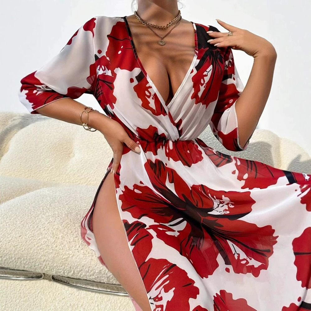 ZARA 4 Way Stretch Floral Print Slit Beach Cover Up Dress - Picture 3 of 6